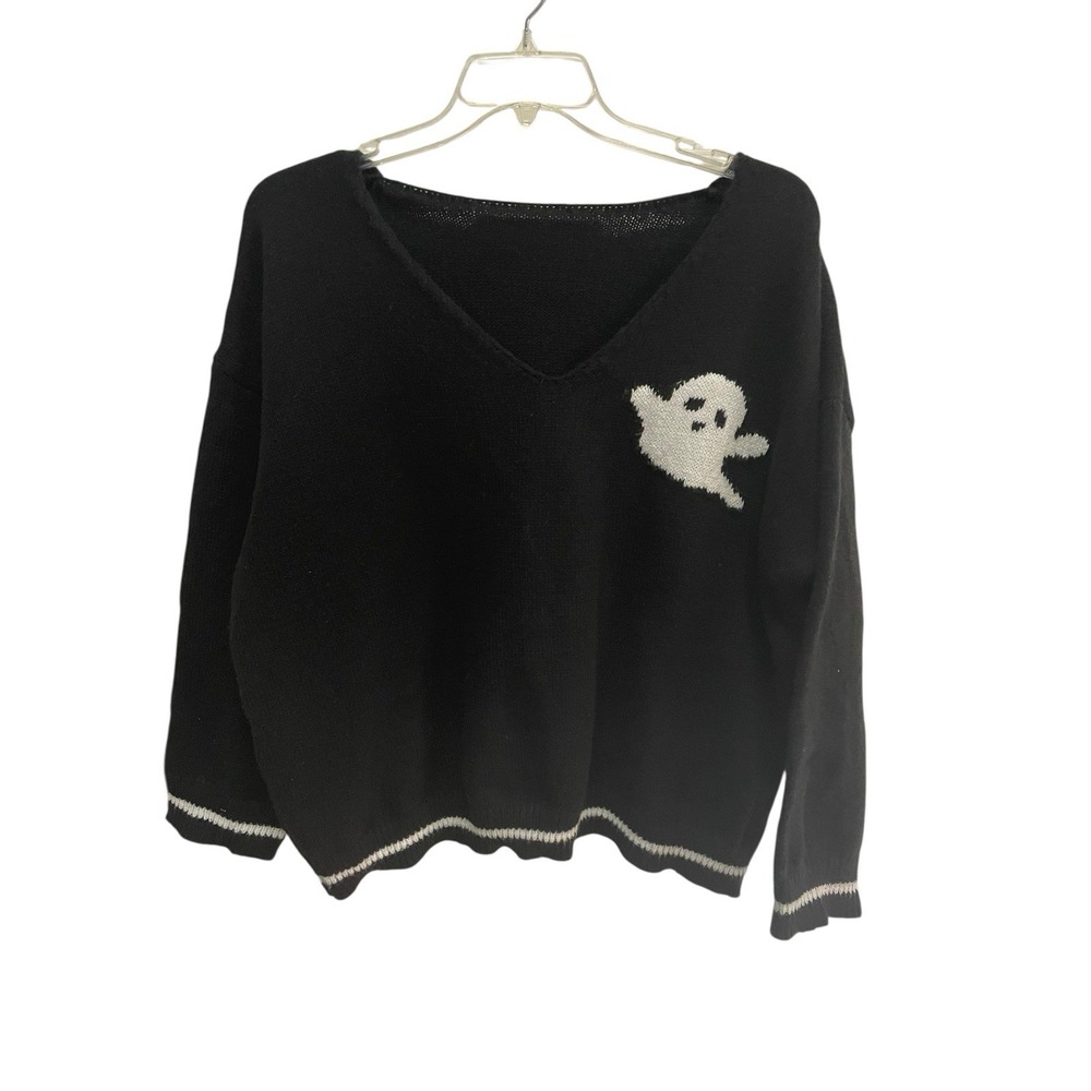 Ghost Sweater 2XL Black‎ V-Neck Halloween Spooky Cozy Knit